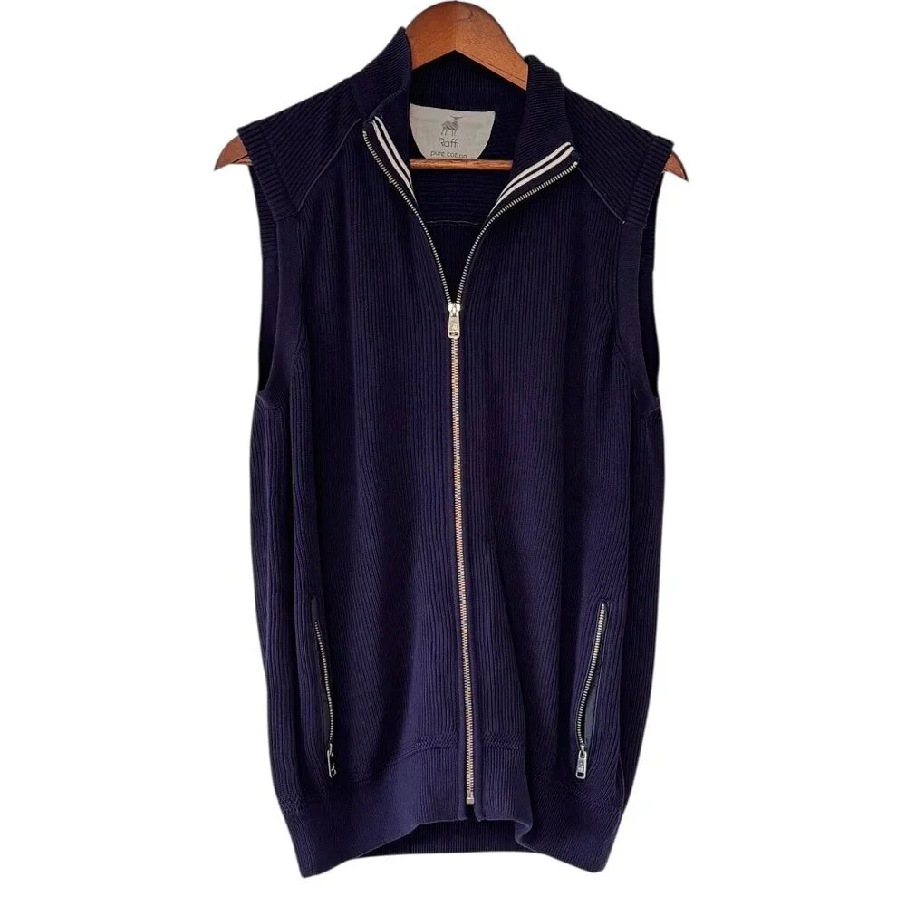 Raffi Men's Sweater Vest Full Zip Navy Cotton Ribbed Zip Pockets Golf Medium